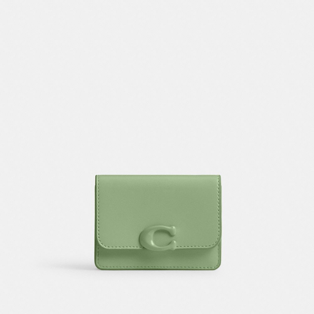 COACH®,BANDIT CARD CASE,Refined Calf Leather,Mini,Silver/Pale Pistachio,Front View