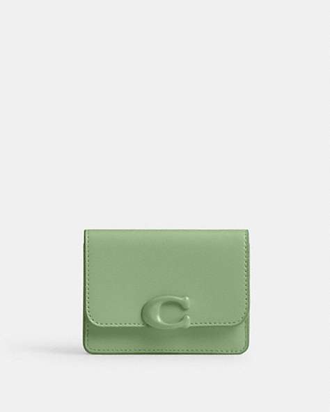 COACH®,BANDIT CARD CASE,Refined Calf Leather,Mini,Silver/Pale Pistachio,Front View