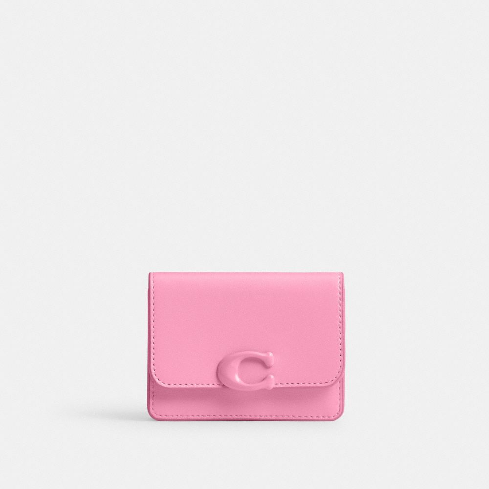 COACH®,BANDIT CARD CASE,Refined Calf Leather,Mini,Silver/Vivid Pink,Front View