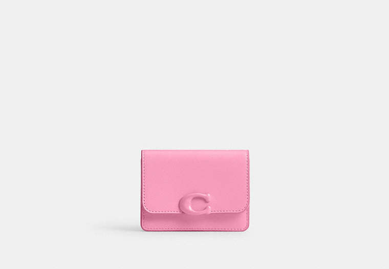 COACH®,BANDIT CARD CASE,Refined Calf Leather,Mini,Silver/Vivid Pink,Front View