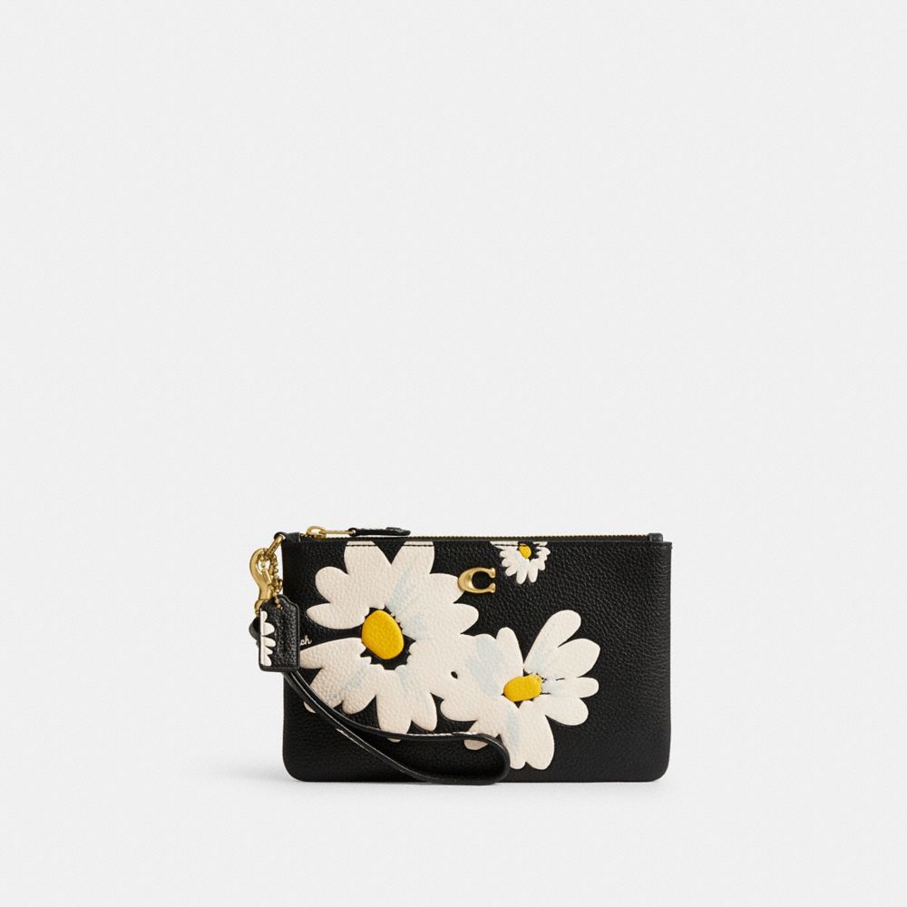 COACH®,SMALL WRISTLET WITH FLORAL PRINT,Polished Pebble Leather,Mini,Brass/Black Multi,Front View