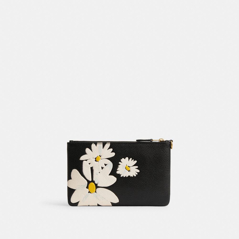 COACH®,SMALL WRISTLET WITH FLORAL PRINT,Polished Pebble Leather,Mini,Brass/Black Multi,Back View