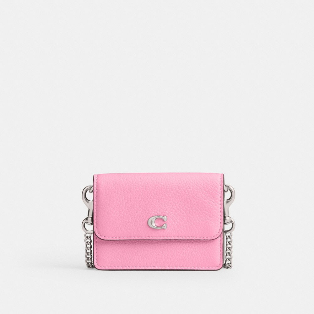COACH®,ESSENTIAL HALF FLAP CARD CASE,Polished Pebble Leather,Mini,Silver/Vivid Pink,Front View
