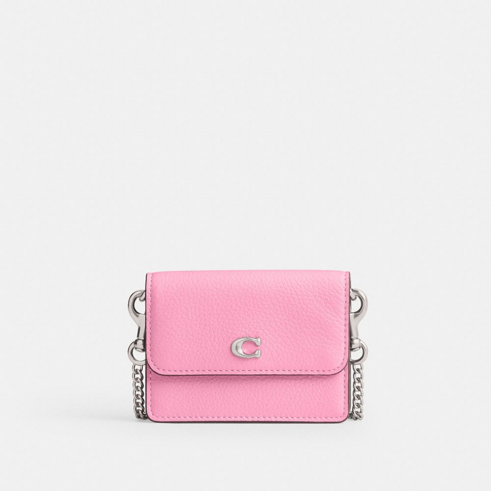 COACH®,ESSENTIAL HALF FLAP CARD CASE,Mini,Silver/Vivid Pink,Front View