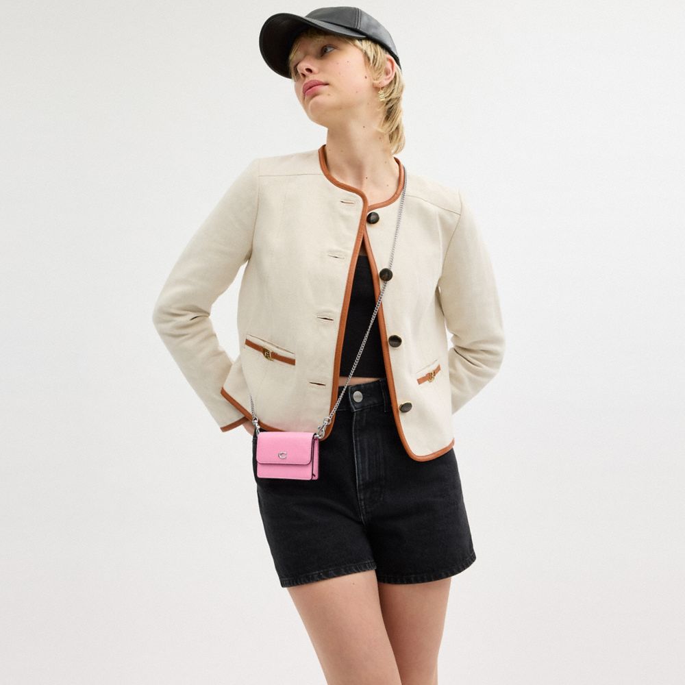 COACH®,Essential Half Flap Card Case,Leather,Crossbody,Card Case,Metal,Logo,Gold Metal,Casual,Pink,Detail View