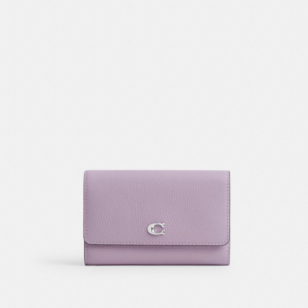 COACH®,ESSENTIAL MEDIUM FLAP WALLET IN COLORBLOCK,Polished Pebble Leather,Mini,Silver/Soft Purple Multi,Front View