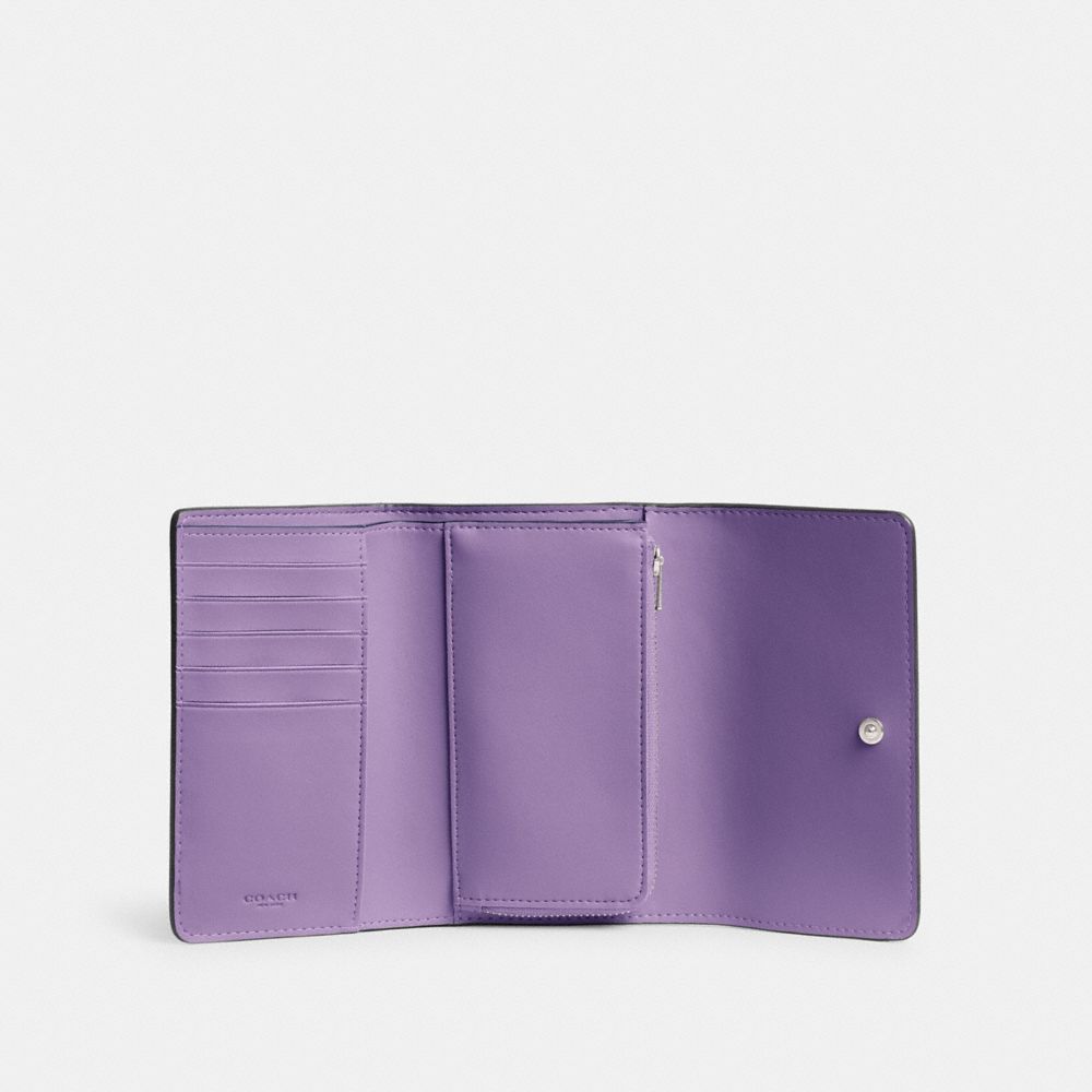 COACH®,Essential Medium Flap Wallet In Colorblock,Leather,Tri Fold,Metal,Logo,Casual,Lavender,Inside View,Top View