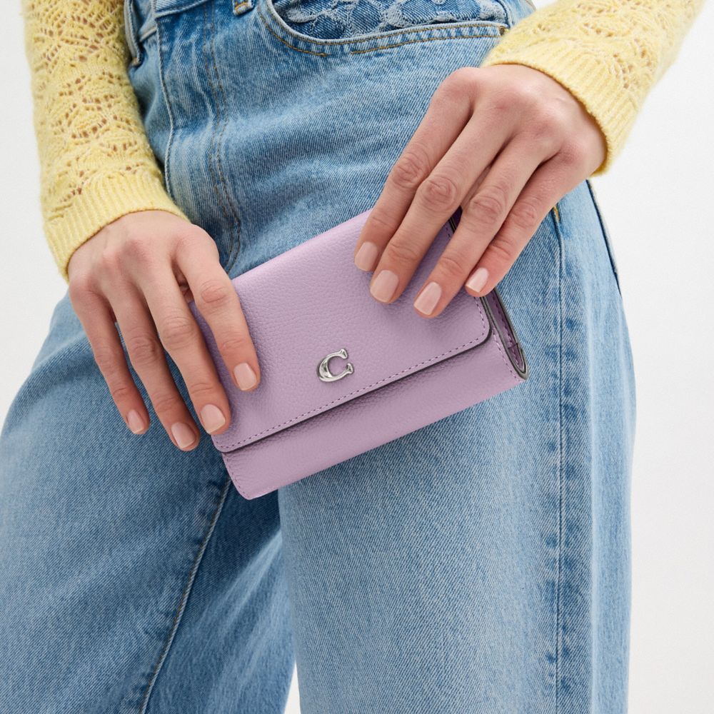 COACH®,Essential Medium Flap Wallet In Colorblock,Leather,Tri Fold,Metal,Logo,Casual,Lavender,Detail View