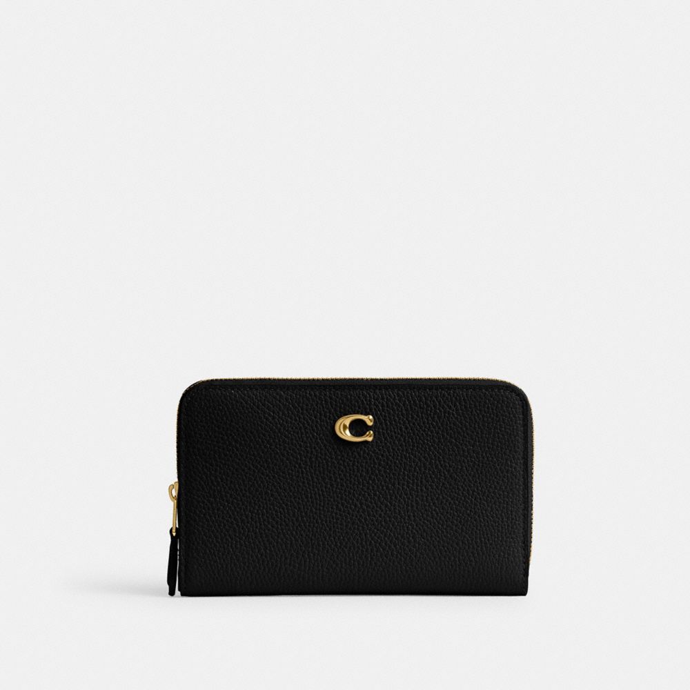 COACH®,ESSENTIAL MEDIUM ZIP AROUND WALLET,Polished Pebble Leather,Mini,Brass/Black,Front View