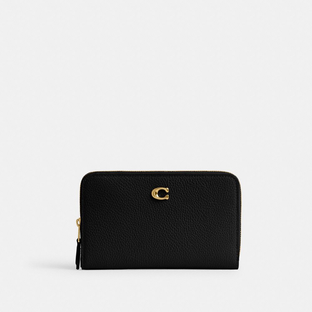 COACH®,PORTEFEUILLE MOYEN À ZIP-CONTOUR ESSENTIAL,Cuir maroquiné poli,Laiton/Noir,Front View