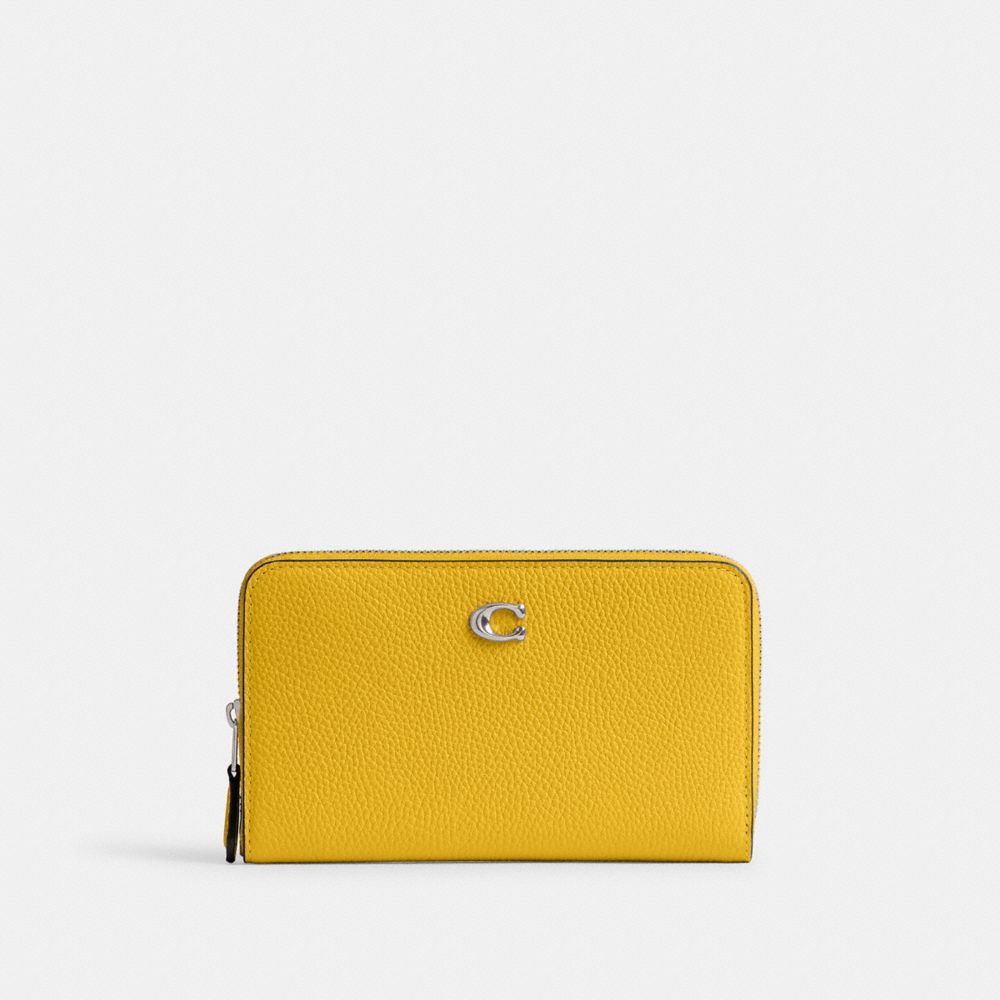 COACH®,Essential Medium Zip Around Wallet,Leather,Bi Fold,Continental,Metal,Logo,Casual,Mustard,Front View