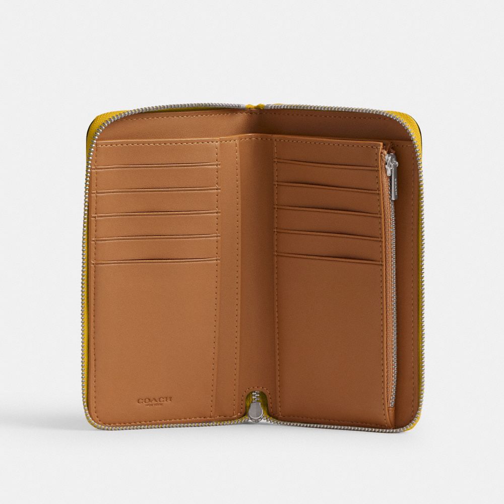 COACH®,Essential Medium Zip Around Wallet,Leather,Bi Fold,Continental,Metal,Logo,Casual,Mustard,Inside View,Top View