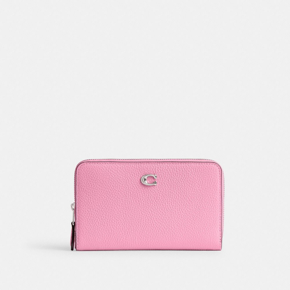 COACH®,ESSENTIAL MEDIUM ZIP AROUND WALLET,Polished Pebble Leather,Mini,Silver/Vivid Pink,Front View