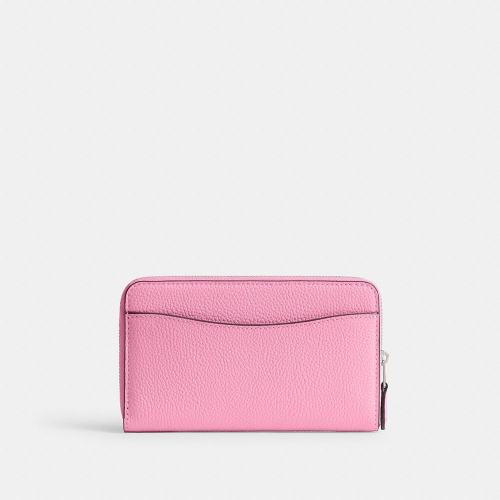 COACH®,ESSENTIAL MEDIUM ZIP AROUND WALLET,Polished Pebble Leather,Mini,Silver/Vivid Pink,Back View