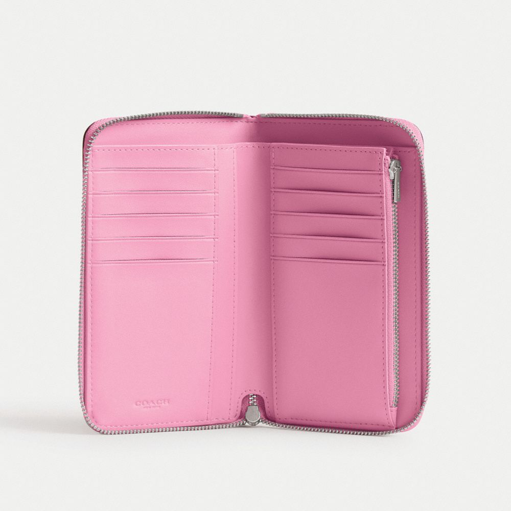 COACH®,Essential Medium Zip Around Wallet,Leather,Bi Fold,Metal,Logo,Casual,Pink,Inside View,Top View