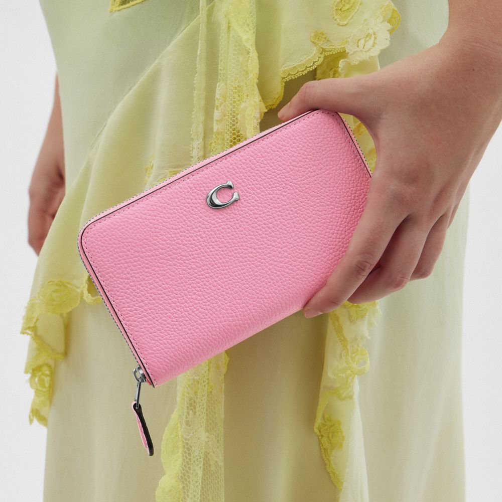 COACH®,Essential Medium Zip Around Wallet,Leather,Bi Fold,Metal,Logo,Casual,Pink,Detail View