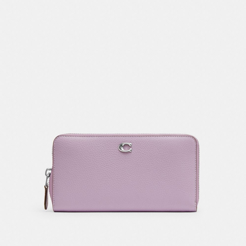 COACH®,ACCORDION ZIP WALLET,Polished Pebble Leather,Mini,Silver/Soft Purple,Front View