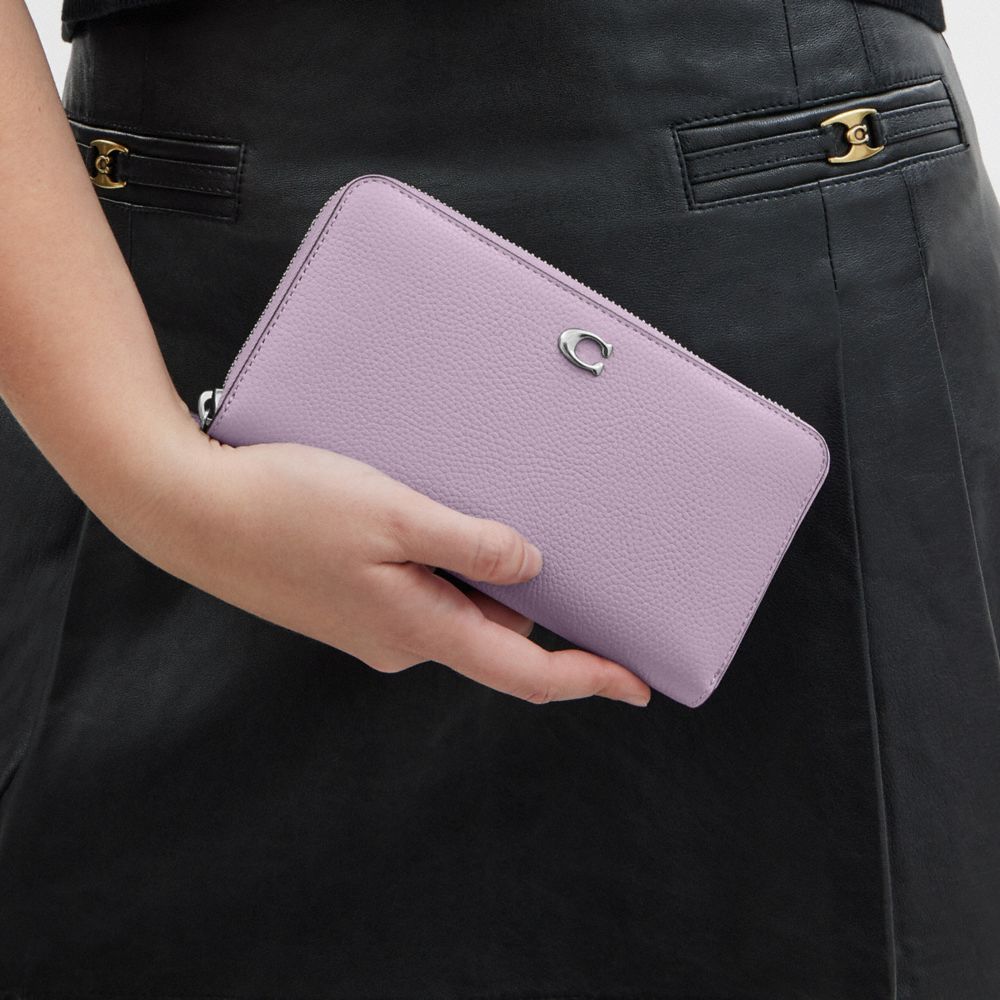 COACH®,Essential Accordion Zip Wallet,Leather,Continental,Metal,Logo,Casual,Lavender,Detail View