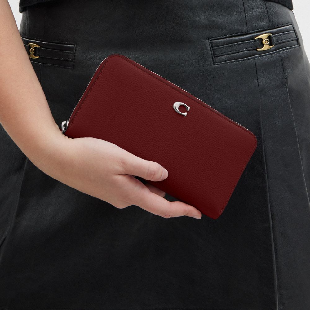 COACH®,Essential Accordion Zip Wallet,Leather,Continental,Metal,Logo,Casual,Maroon,Detail View