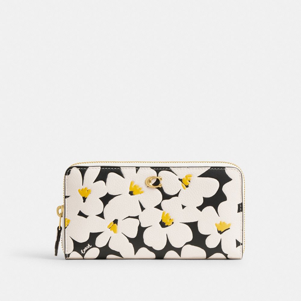 COACH®,ACCORDION ZIP WALLET WITH FLORAL PRINT,Polished Pebble Leather,Mini,Brass/Chalk Multi,Front View