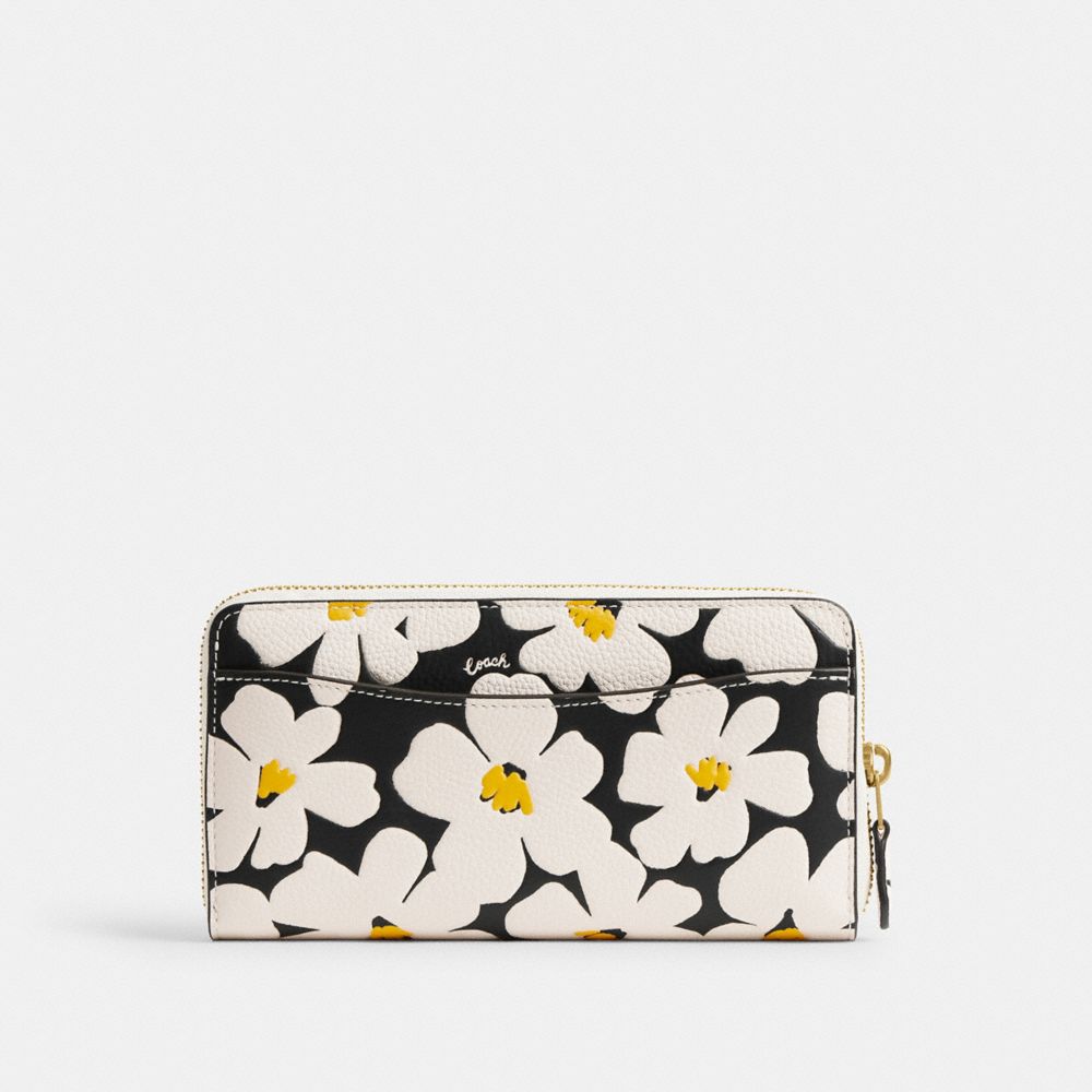 COACH®,ACCORDION ZIP WALLET WITH FLORAL PRINT,Polished Pebble Leather,Mini,Brass/Chalk Multi,Back View
