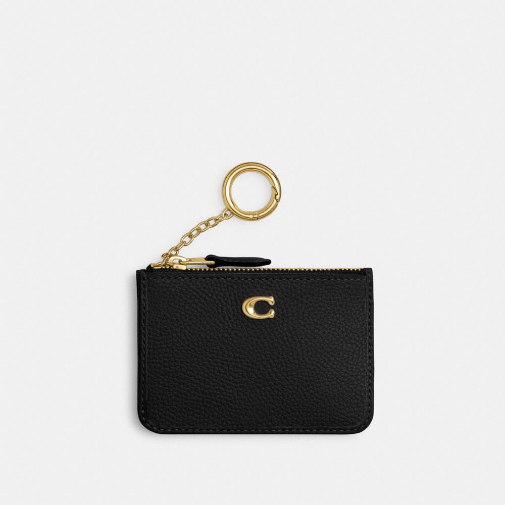 COACH®,MINI SKINNY ID CASE,Polished Pebble Leather,Brass/Black,Front View