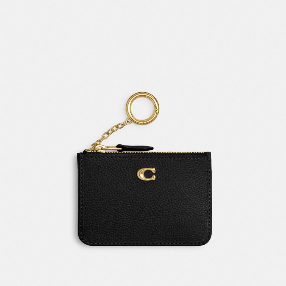 COACH®,Essential Mini Id Card Case,Leather,Coin,Card Case,Metal,Logo,Key Ring,Casual,Black,Front View