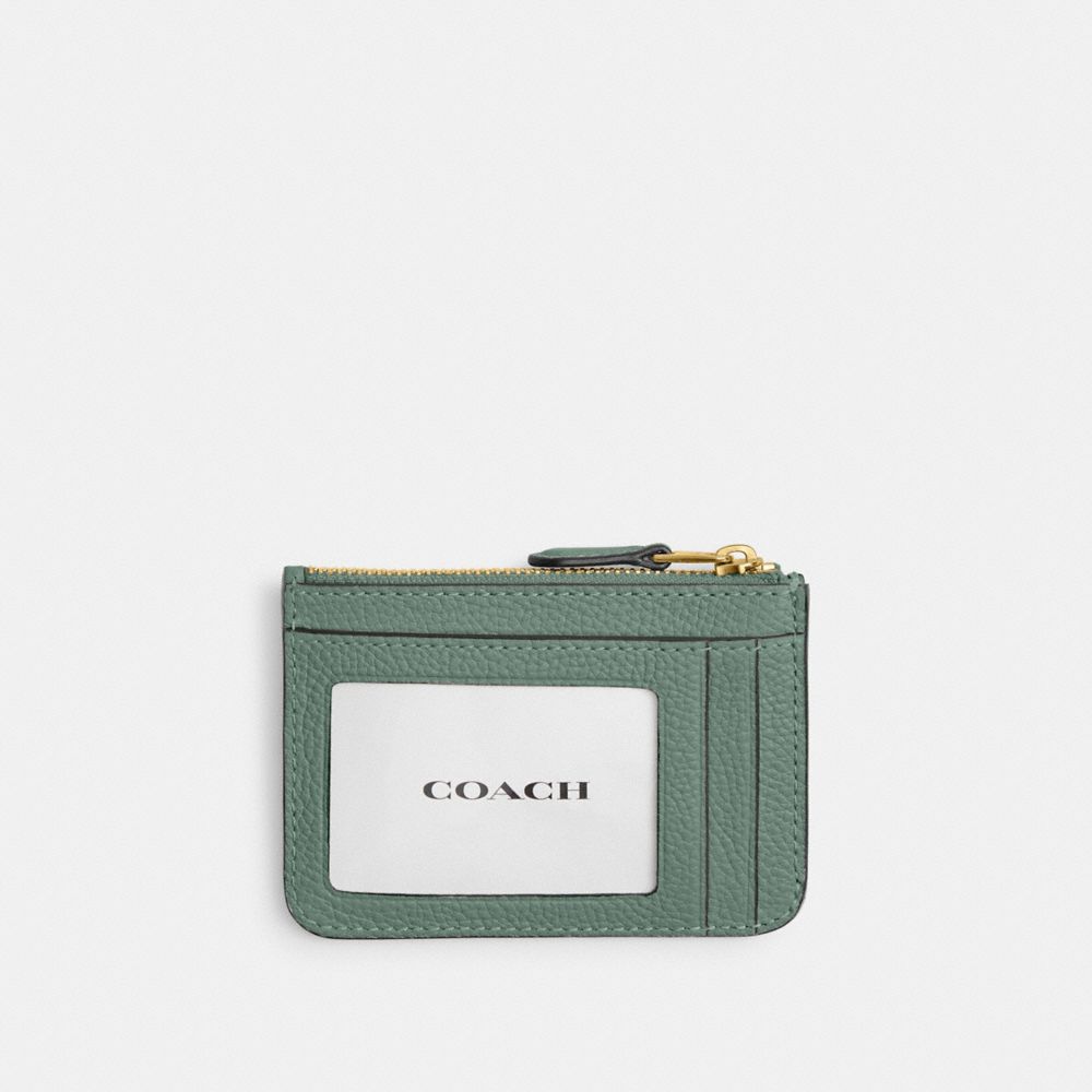 COACH®,MINI ÉTUI POUR PIÈCE D’IDENTITÉ MINCE ESSENTIEL,Cuir galet poli,Laiton/Sauge,Back View