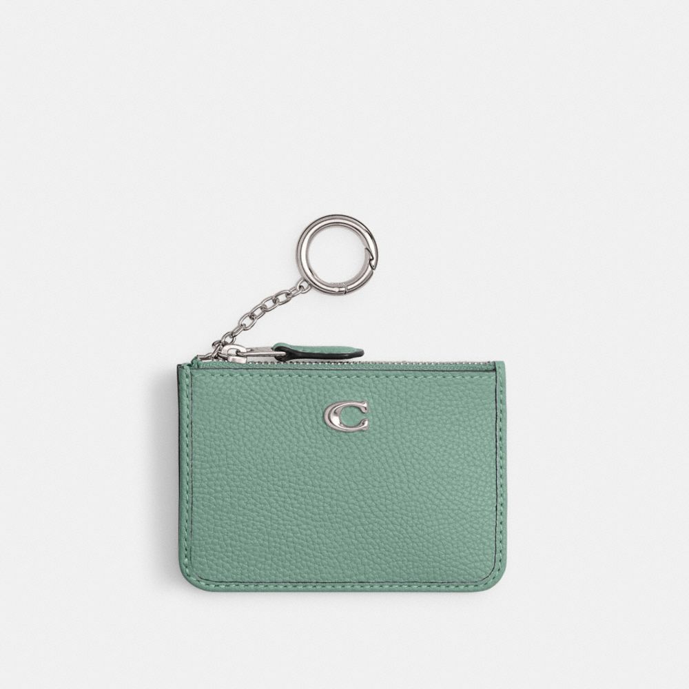 COACH®,MINI SKINNY ID CASE,Polished Pebble Leather,Silver/Aquamarine,Front View