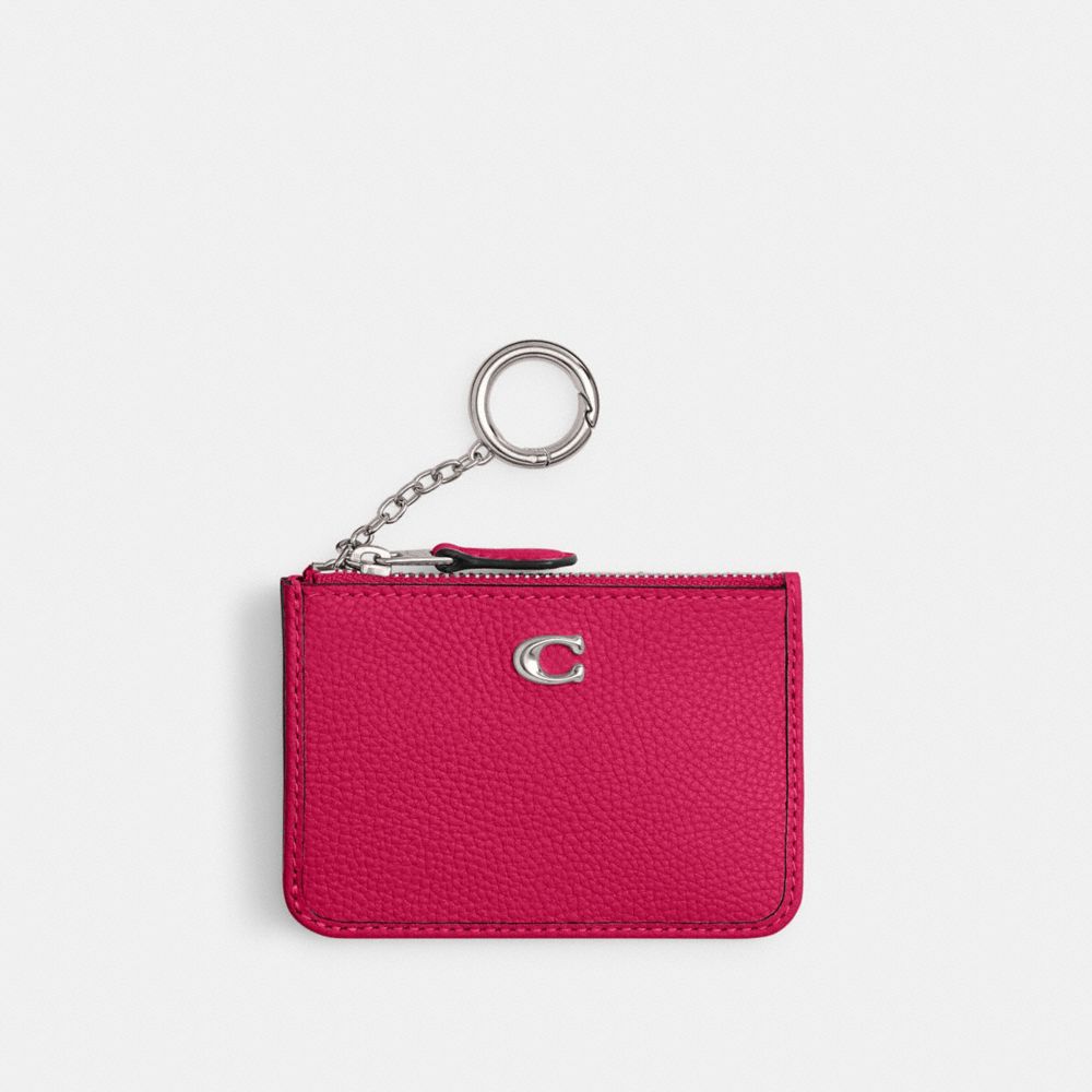 COACH®,MINI SKINNY ID CASE,Polished Pebble Leather,Silver/Dragonfruit,Front View