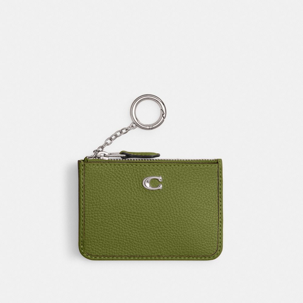 COACH®,MINI SKINNY ID CASE,Polished Pebble Leather,Silver/Dark Lime,Front View