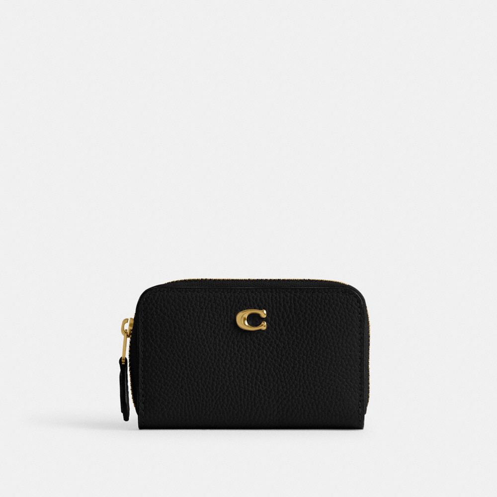 COACH®,ESSENTIAL SMALL ZIP AROUND CARD CASE,Polished Pebble Leather,Mini,Brass/Black,Front View