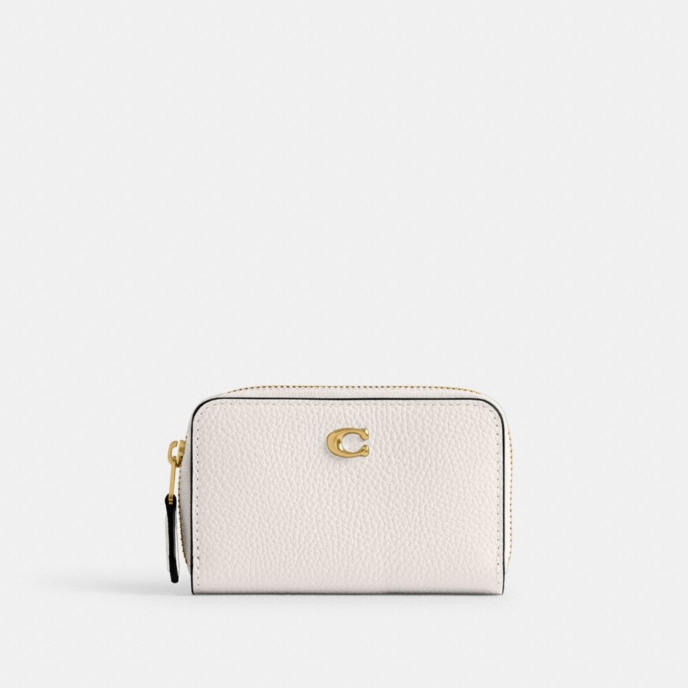 COACH®,ESSENTIAL SMALL ZIP AROUND CARD CASE,Polished Pebble Leather,Mini,Brass/Chalk,Front View