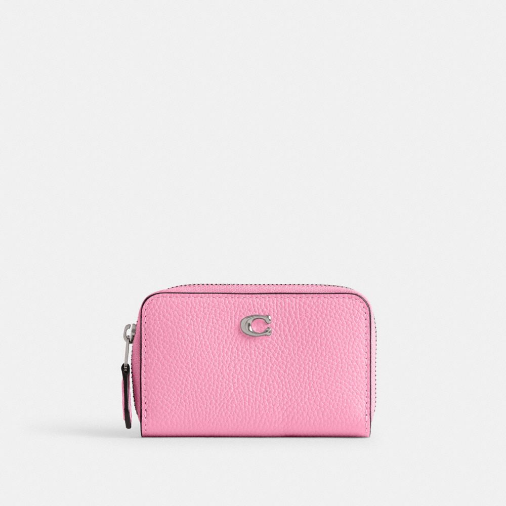 COACH®,PETIT ÉTUI-CARTES À ZIP-CONTOUR ESSENTIAL,Argent/Rose vif,Front View