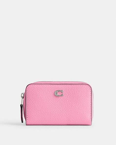 COACH®,ESSENTIAL SMALL ZIP AROUND CARD CASE,Mini,Silver/Vivid Pink,Front View