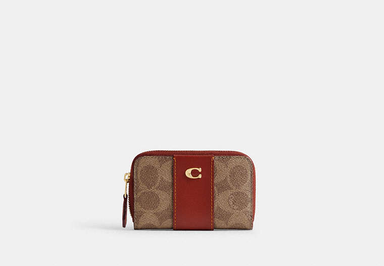 COACH®,ESSENTIAL SMALL ZIP AROUND CARD CASE IN SIGNATURE CANVAS,Mini,Brass/Tan/Rust,Front View