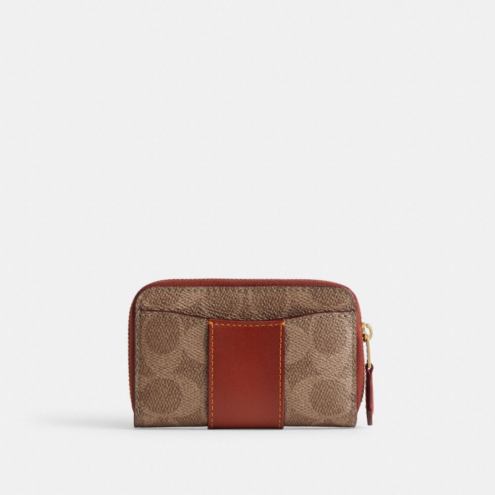 COACH®,ESSENTIAL SMALL ZIP AROUND CARD CASE IN SIGNATURE CANVAS,Coated Canvas,Mini,Brass/Tan/Rust,Back View