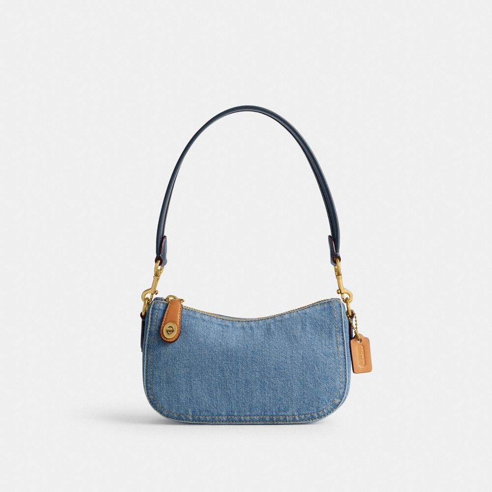 COACH®,SWINGER BAG 20,Denim,Small,Brass/Indigo,Front View