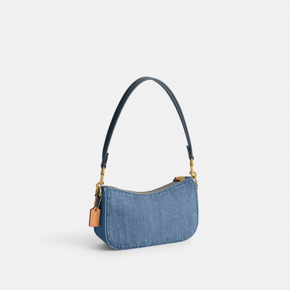 COACH®,SWINGER BAG 20,Denim,Small,Brass/Indigo,Angle View