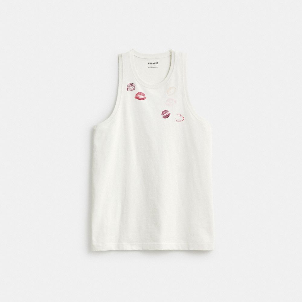 COACH®,Lip Print Tank Top,Cotton,Tank,Graphic,Casual,White,Front View
