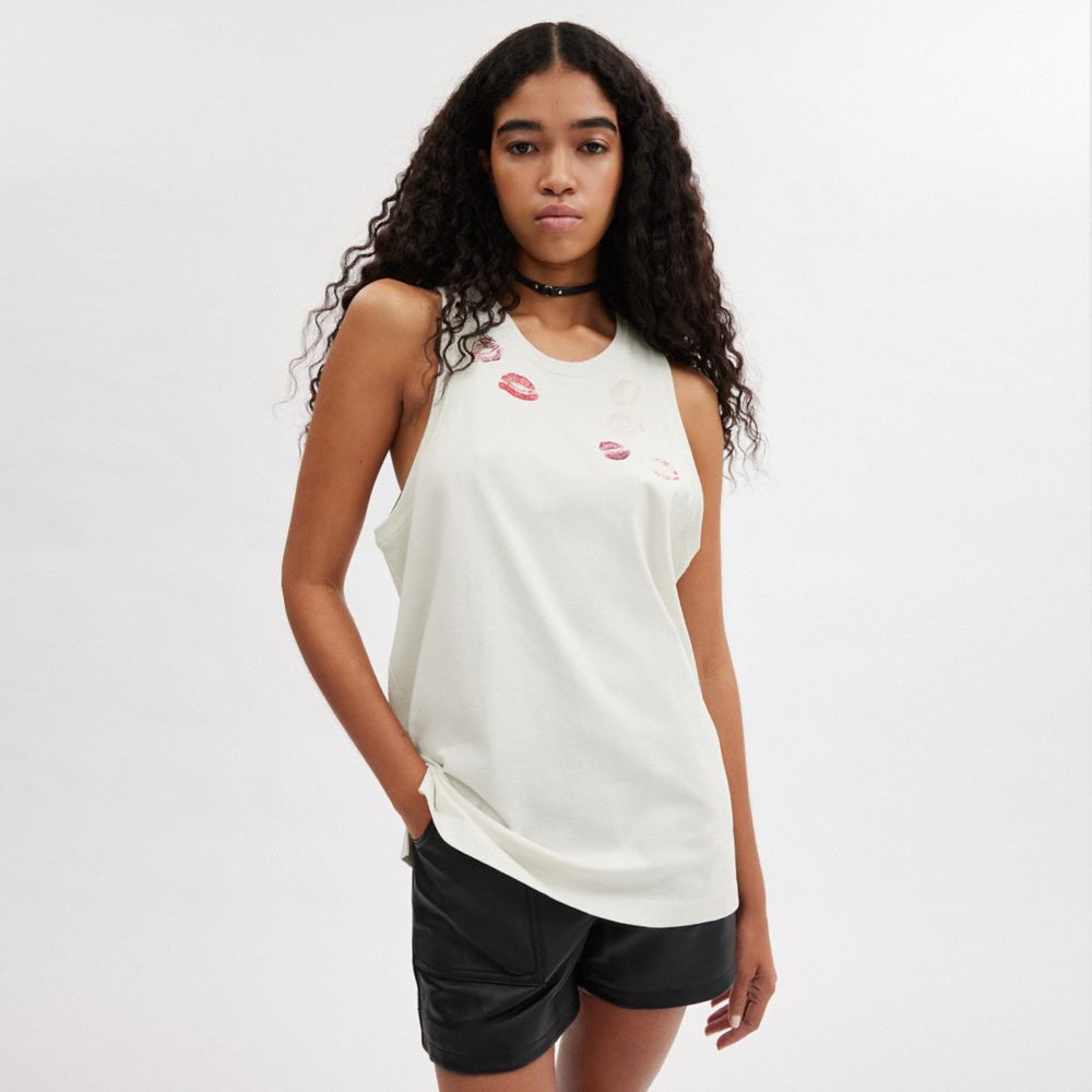COACH®,Lip Print Tank Top,Cotton,Tank,Graphic,Casual,White,Scale View