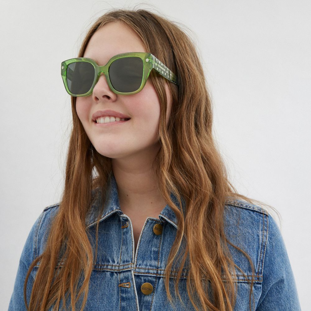 COACH®,CHARMS OVERSIZED SQUARE SUNGLASSES,Green,Angle View