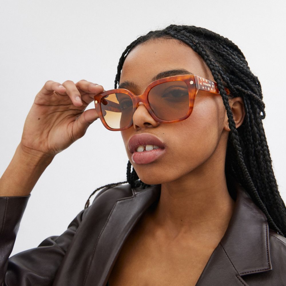 COACH®,CHARMS OVERSIZED SQUARE SUNGLASSES,Caramel Tortoise,Angle View