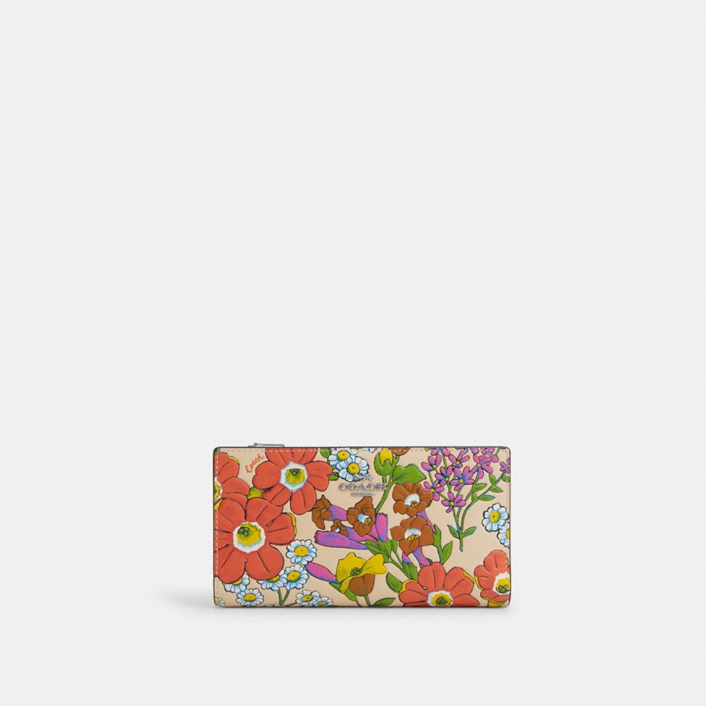 COACH®,SLIM ZIP WALLET WITH FLORAL PRINT,Novelty Leather,Silver/Ivory Multi,Front View