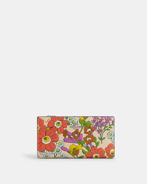 COACH®,SLIM ZIP WALLET WITH FLORAL PRINT,Leather,Silver/Ivory Multi,Front View