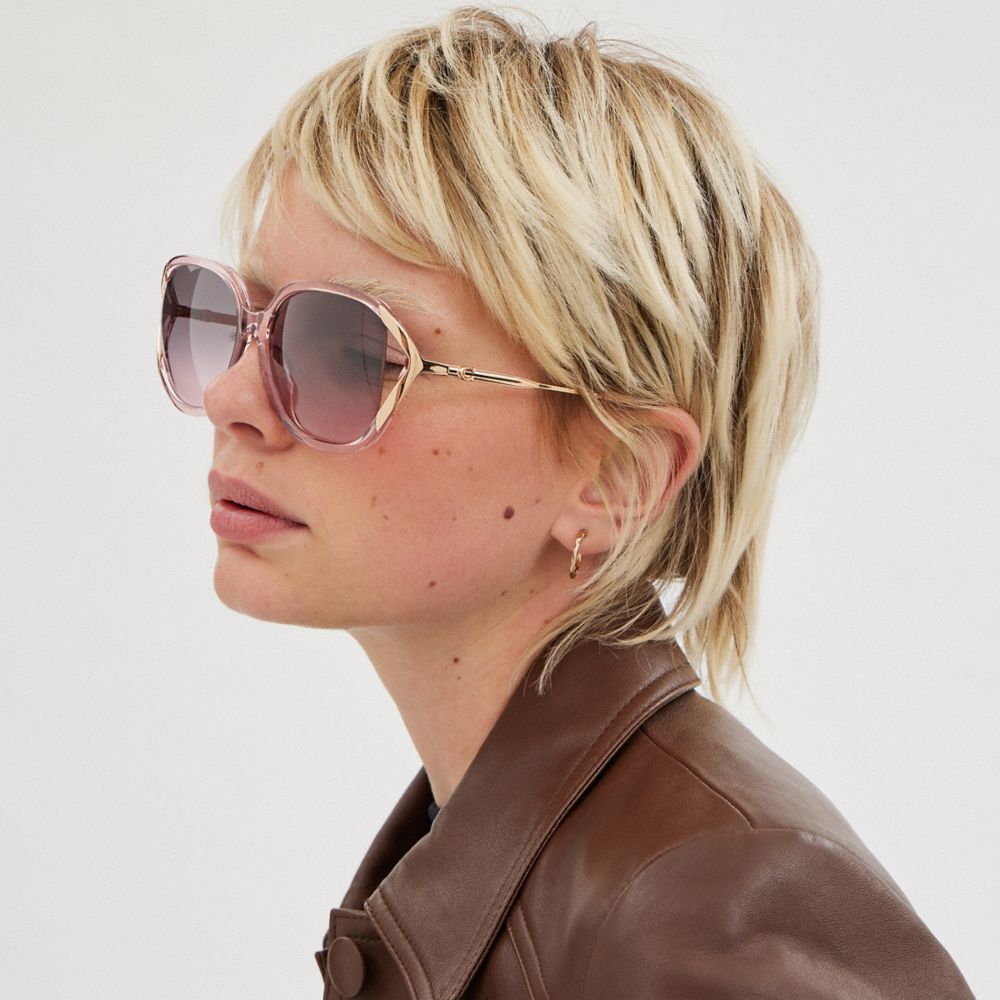 COACH®,BANDIT OVERSIZED SQUARE SUNGLASSES,Pink/Rose Gold,Angle View