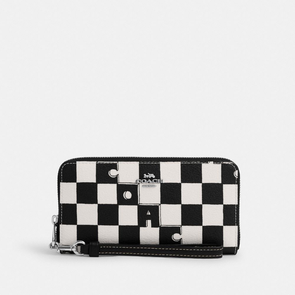 COACH®,LONG ZIP AROUND WALLET WITH CHECKERBOARD PRINT,Novelty Print,Mini,Silver/Black/Chalk,Front View