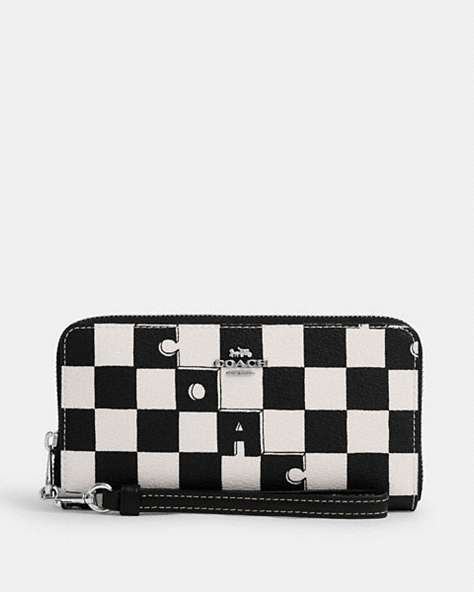COACH®,LONG ZIP AROUND WALLET WITH CHECKERBOARD PRINT,pvc,Mini,Silver/Black/Chalk,Front View