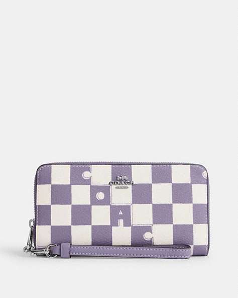 COACH®,LONG ZIP AROUND WALLET WITH CHECKERBOARD PRINT,pvc,Mini,Silver/Light Violet/Chalk,Front View