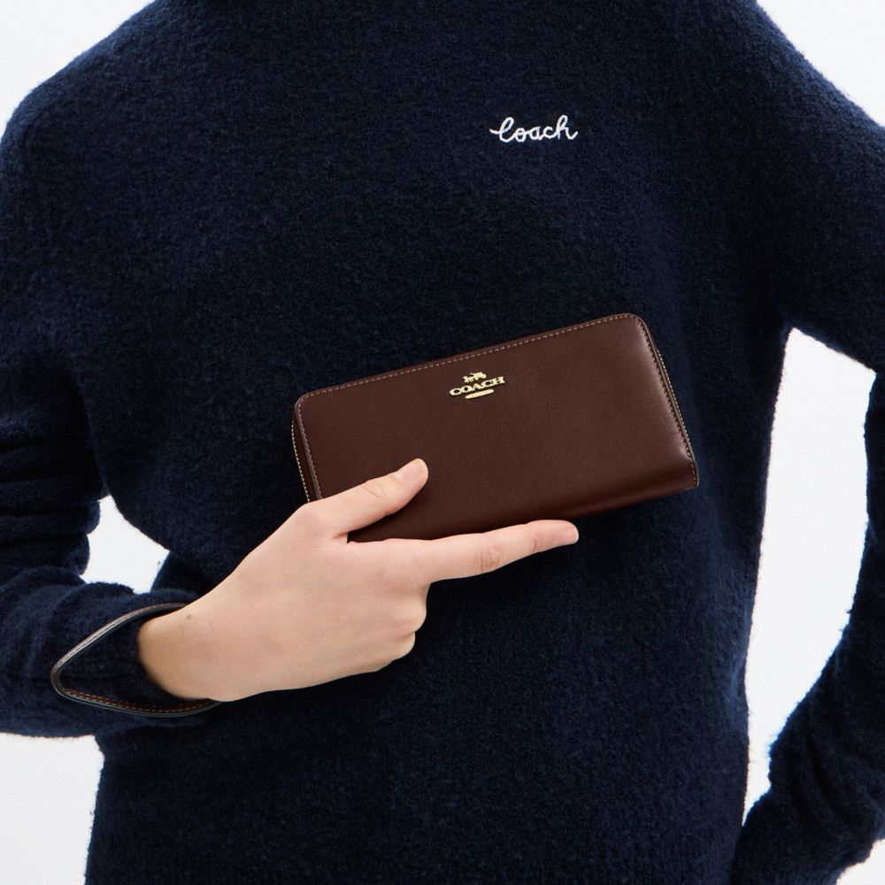 COACH®,Long Zip Around Wallet,Calfskin Leather,Continental,Wristlet,Logo,Casual,Brown,Detail View